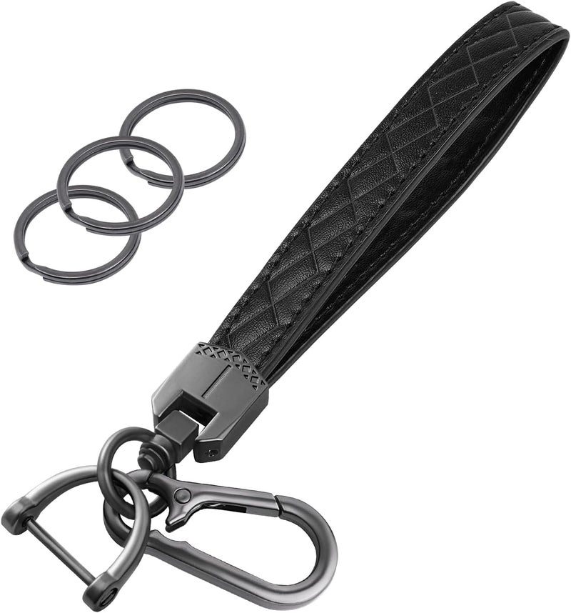 OHKYOOT Store Leather Wristlet Keychain,Car Key Chain Wrist Keychain with 3 Key Ring and Anti-Lost D Ring (Black) - Image 1